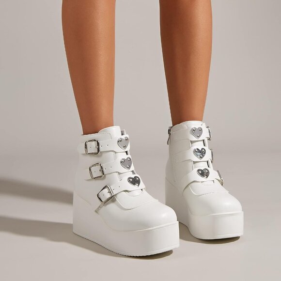 Lucky Step Women White Round Toe Zipper Wedges High Heel Rave Buckle Booties - Picture 6 of 7